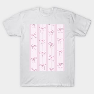 Coquette pink bows on a vertical stripes background T-Shirt